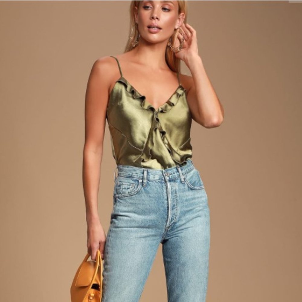 Cascadia Olive Green Satin Ruffled Top